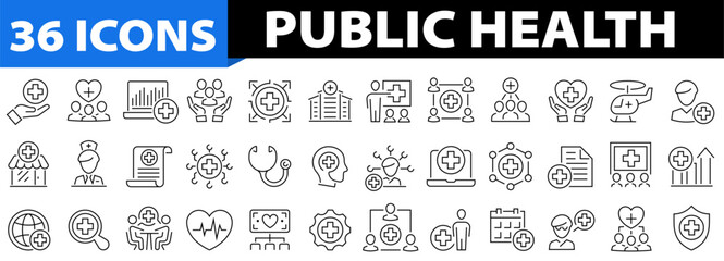 Public health 36 icon set. Editable stroke. Community health, disease prevention, health protection, medical services, health awareness and more. Linear icon collection. Vector illustration