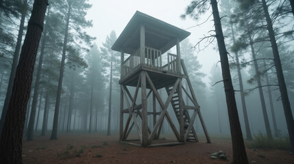 Wooden lookout tower in foggy forest, surrounded by tall pine trees, creating mysterious and serene atmosphere