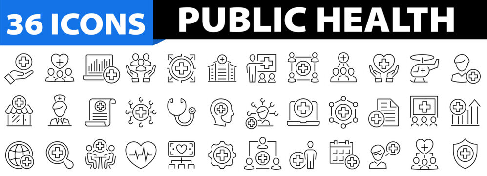 Public health 36 icon set. Editable stroke. Community health, disease prevention, health protection, medical services, health awareness and more. Linear icon collection. Vector illustration