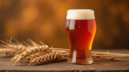 Rich amber beer in glass with creamy head, surrounded by wheat stalks, evokes warm and inviting atmosphere