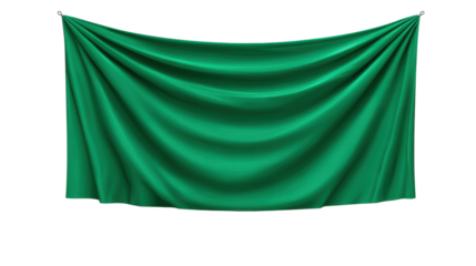 Green fabric isolated on transparent background with smooth texture and hanging folds