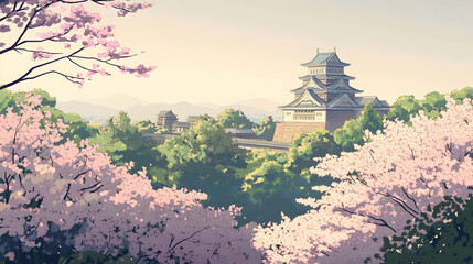 Serene japanese castle in spring with cherry blossoms and lush greenery