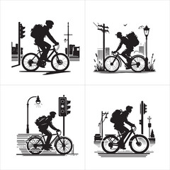 Fototapeta premium Bicycle commuter silhouette with urban background elements for vector illustration