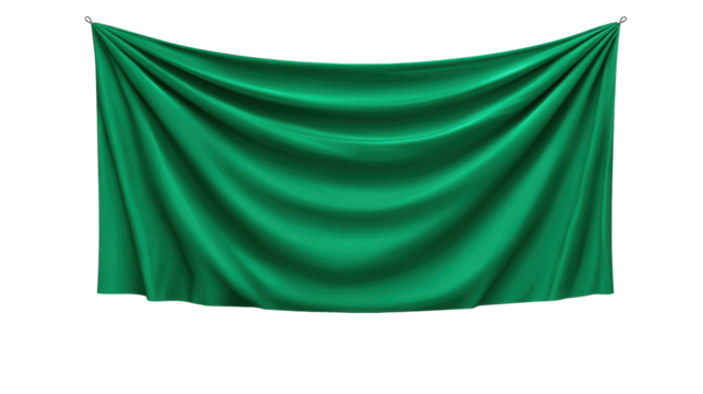 Green fabric isolated on transparent background with smooth texture and hanging folds