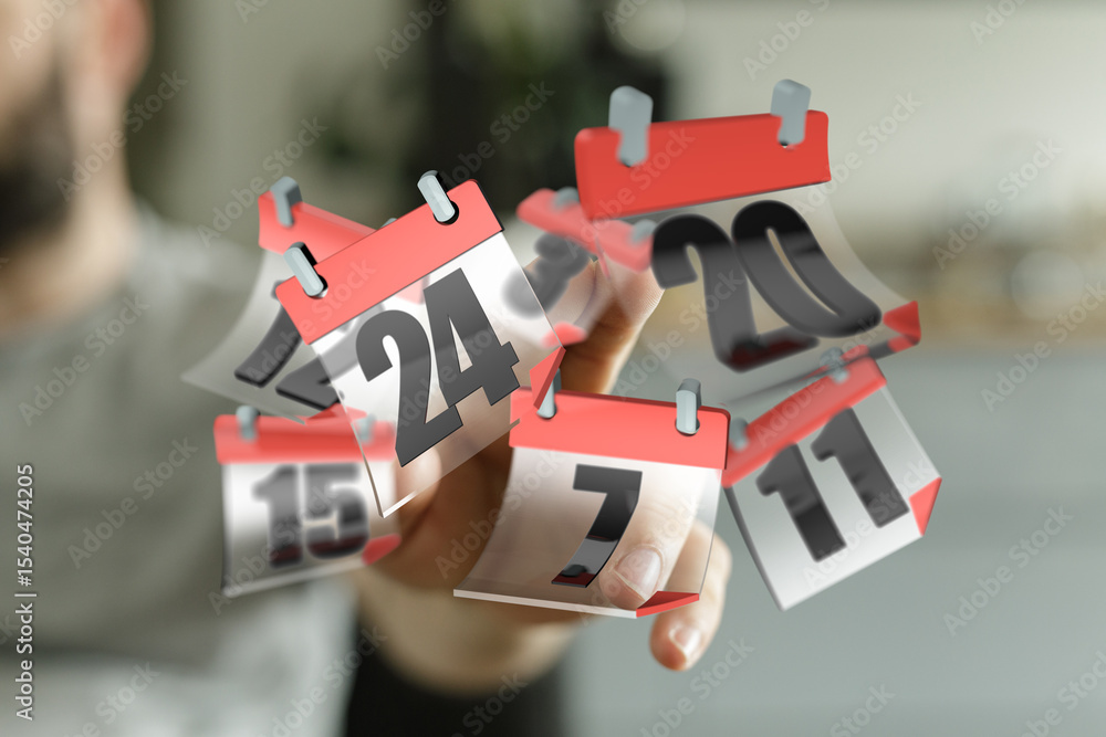 Aufkleber Image of a person interacting with digital calendar dates. Ideal for time management, scheduling, or planning concepts.