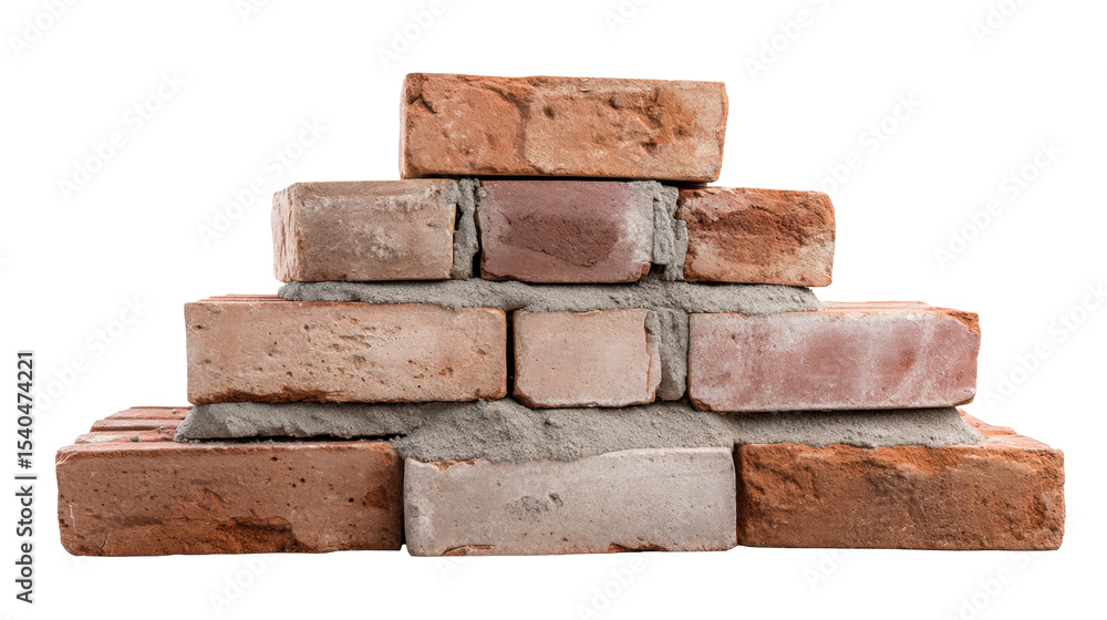 Poster isolated stack of old bricks on transparent background showing rough texture and cement mortar
