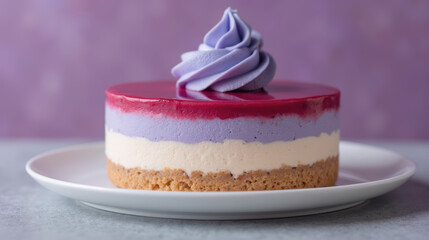 Delicious layered cake with purple frosting, featuring smooth texture and vibrant colors, perfect for celebrations and dessert lovers