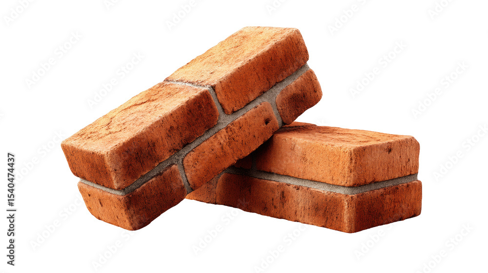 Poster two isolated red bricks on transparent background with rough texture and mortar