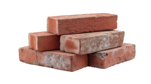 Stack of isolated old red brick transparent background with rough texture and weathered surface