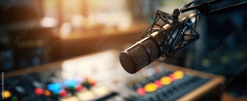 Poster the microphone capturing sound in a vibrant recording studio setup.