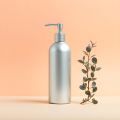 Silver Pump Bottle Minimalist Product Mockup with Eucalyptus Branch on Peach Background silver bottle