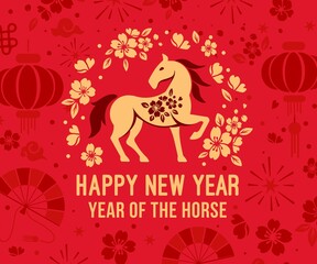 Happy Chinese New Year 2026 horse zodiac sign on color background