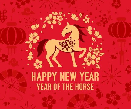 Happy Chinese New Year 2026 horse zodiac sign on color background