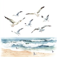 Fototapeta premium Watercolor illustration of seagulls flying over a beach scene