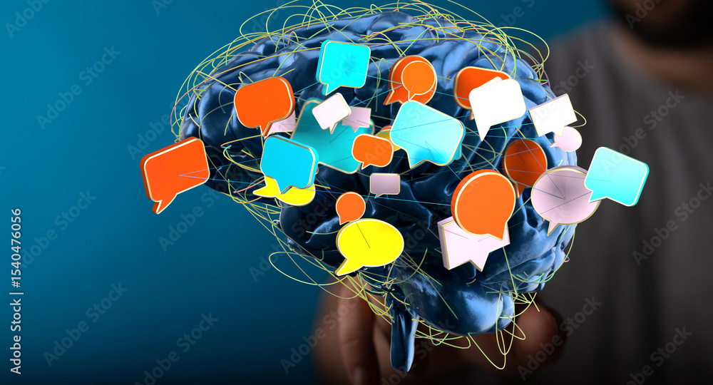 Poster Abstract image of a brain with speech bubbles, representing communication, ideas, and thought processes.