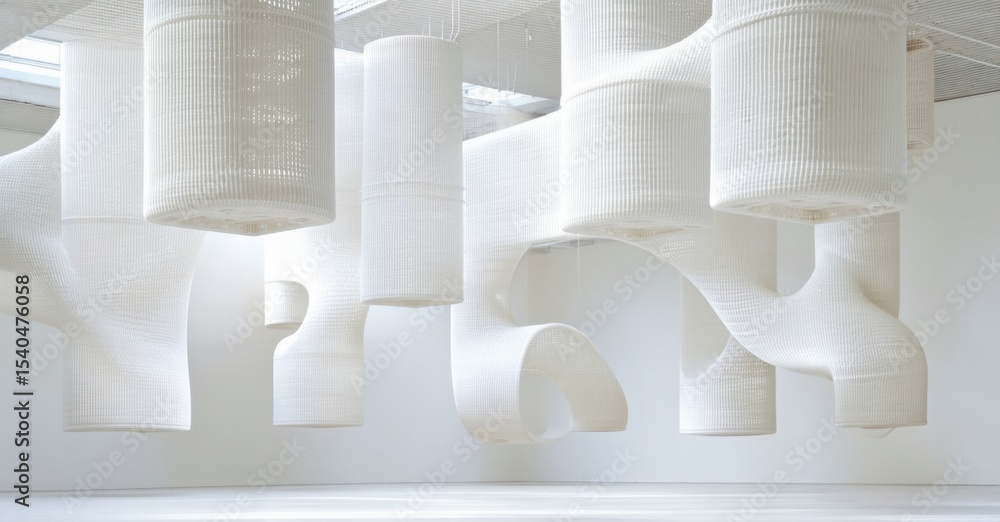 Poster white cylindrical forms suspended, creating flowing installation. minimalist design, soft light, mod