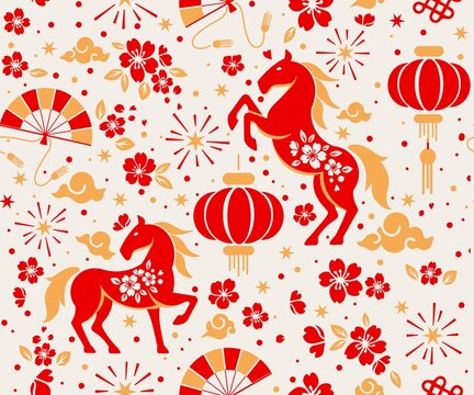 Seamless pattern happy chinese new year 2026 the horse zodiac sign with asian elements paper cut style on color background.