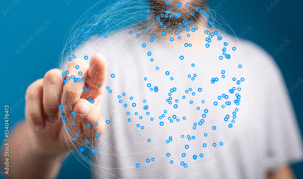Poster Person touching a digital network sphere, representing global connection and data interaction.