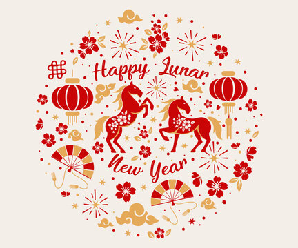 Traditional Chinese New Year 2026 illustration with decorative red and gold horse and festive lanterns.