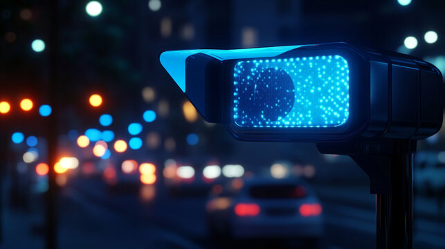 A close up of a blue traffic light at night with cars and blurred lights in the background city scene