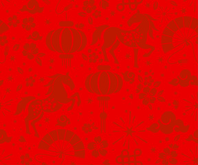 Seamless pattern happy chinese new year 2026 the horse zodiac sign with asian elements paper cut style on color background.