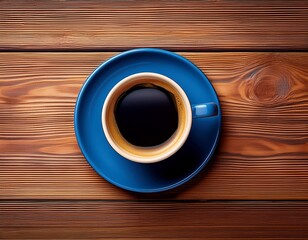 dark blue cup of coffee on wooden background top view minimal concept