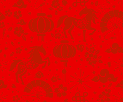 Seamless pattern happy chinese new year 2026 the horse zodiac sign with asian elements paper cut style on color background.