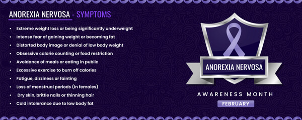 Anorexia Nervosa Awareness ribbon with Symptoms, Shield Design with Pattern Based Background.