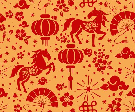 Seamless pattern happy chinese new year 2026 the horse zodiac sign with asian elements paper cut style on color background.