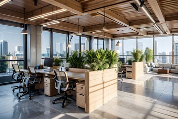 Fototapeta premium Interior of modern office with table and chairs located in room with glass walls.modern office interior.