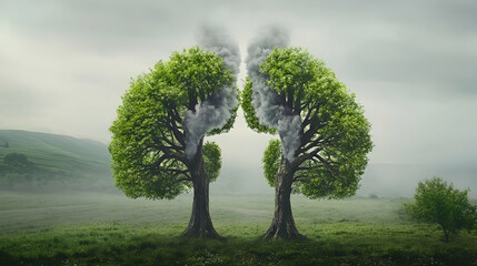 Trees shaped like lungs with smoke in misty landscape