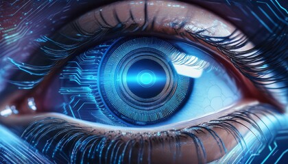 close up shot of a vibrant blue eye digital data overlay tech concept futuristic innovation vision biometrics authentication ai science high tech