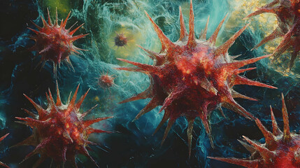 Microscopic view of virus particles in a luminous environment