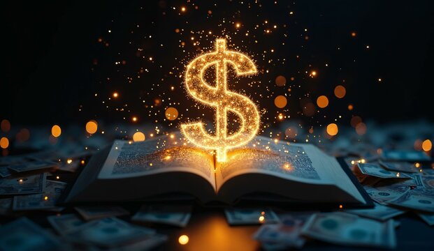 An open book with a glowing dollar sign surrounded by money and sparkles