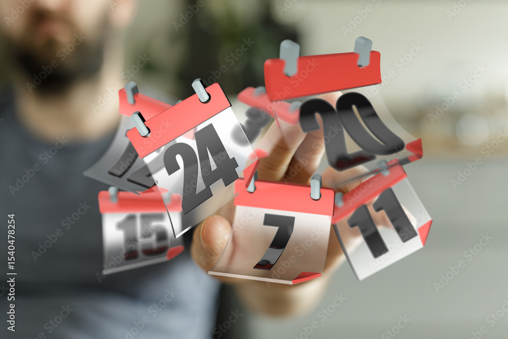 Poster person interacting with digital calendar dates. time management, scheduling, organization.