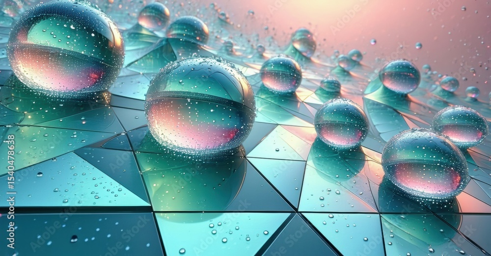 Poster abstract spheres rest upon reflective surfaces. soft pinks, teals create dreamy, futuristic scene. w