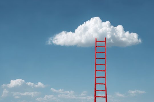 red ladder leads to white cloud in blue sky aspiration achieving goals imagination surrealism creativity minimalism concept of reaching for dreams minimalist art abstract imagery ...
