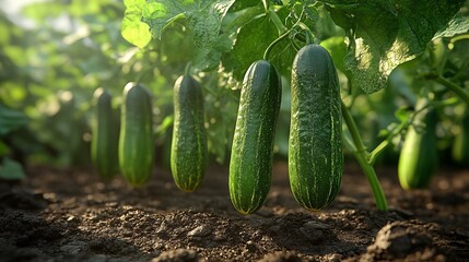 Cucumbers hang on vines surrounded by large leaves on a farm