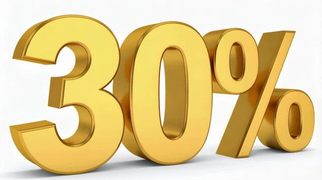 Attractive three-dimensional golden numbers thirty percent isolated against white background for a promotion or discount offer.