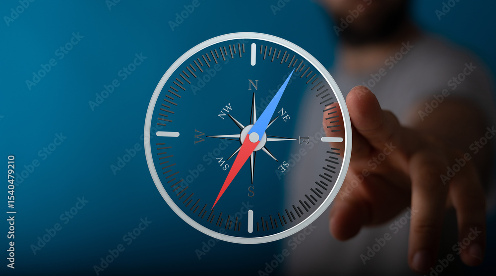 Poster a man interacts with a digital compass interface, finding his way. guidance, direction, technology.
