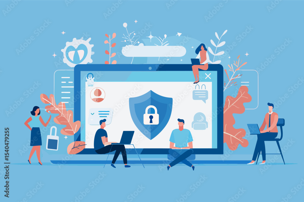 Fototapete secure computer system illustration. people work around a shield protecting data. modern design, foc
