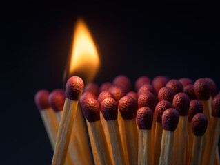 Close-up macro shot of a single lit match touching the heads of a tightly packed group of unlit matches