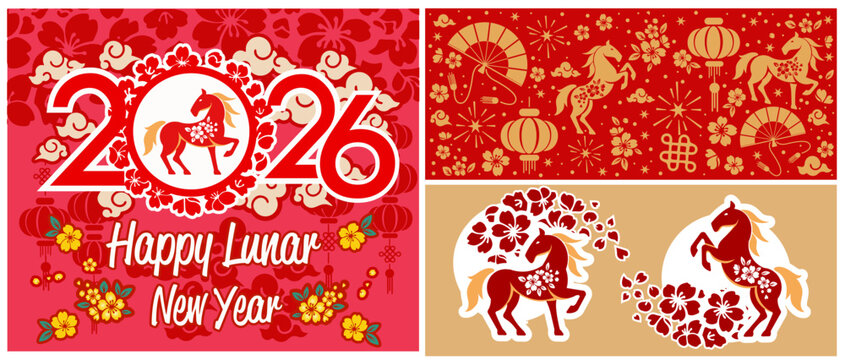 Welcome the Year of the Horse in 2026 with our elegant template designs! Perfect for greeting cards, holiday illustrations, and decorative banners for your celebrations