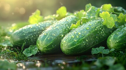 fresh cucumbers lying on the ground, glistening with water droplets