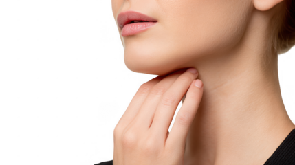 Close up of a woman gently touching her neck, highlighting potential swollen lymph nodes, isolated on a transparent background, ideal for health and medical related projects