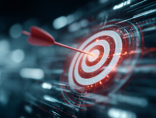 Fototapeta premium Digital dart hitting red target on futuristic interface, precision concept, business success, goal achievement, marketing strategy, technology and innovation theme.