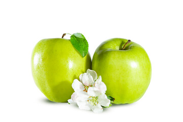 Green juicy glossy apples with flowers and leaves. Isolated on white.