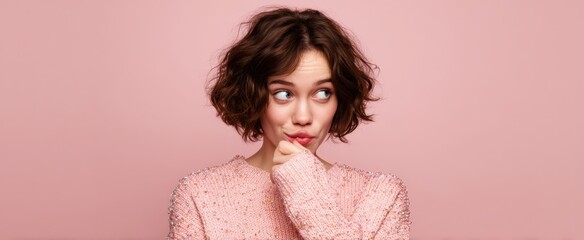 The playful woman with curly hair in a pink sweater expressing curiosity