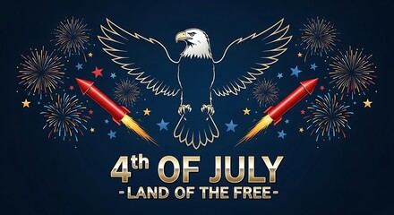 Patriotic 4th of July banner with a majestic American bald eagle and colorful fireworks. "Land of the Free" Independence Day celebration vector illustration on a dark blue night sky background.