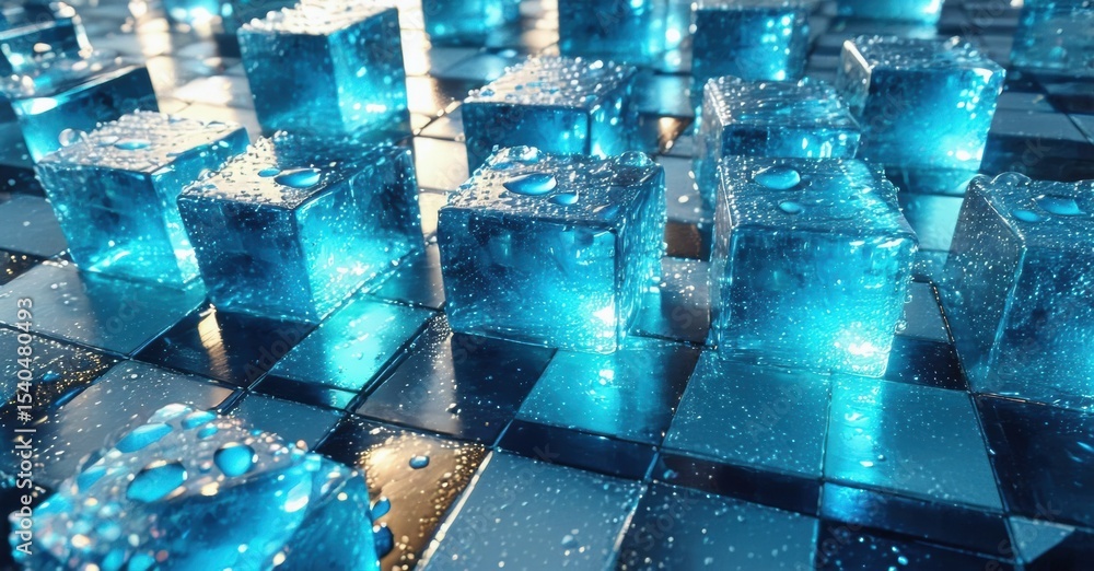Poster blue cubes cover reflective surface. water droplets present, creating glossy texture. bright illumin